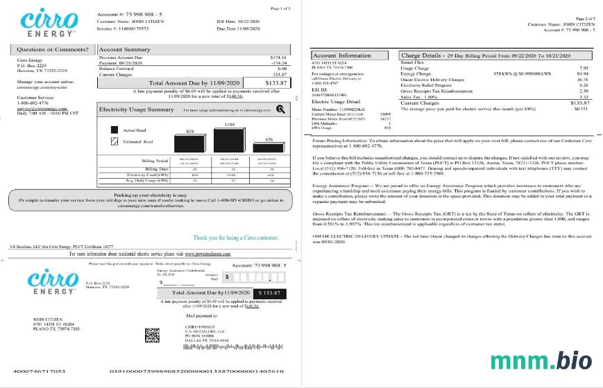 USA Texas Cirro Energy rachunek za media szablon w formacie Word i PDF (3 strony) 1 2